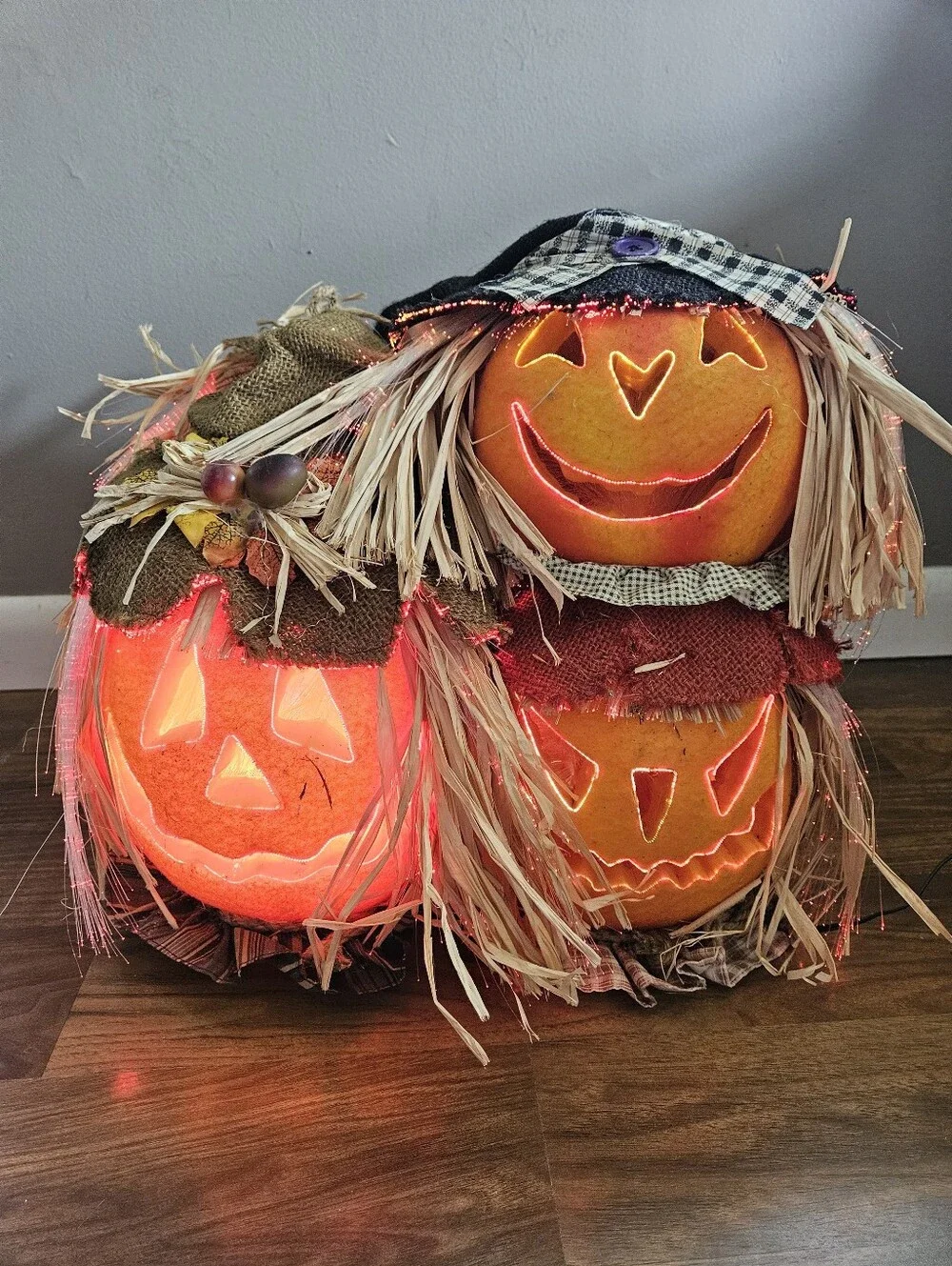 Vintage '03 Gemmy Fiber Optic 3 Pumpkins Trio Scarecrow Jack O Lantern Halloween
